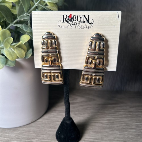 Gold and Silver Tone 2" Long Aztec Print Clip on Fashion Earring - Picture 5 of 7