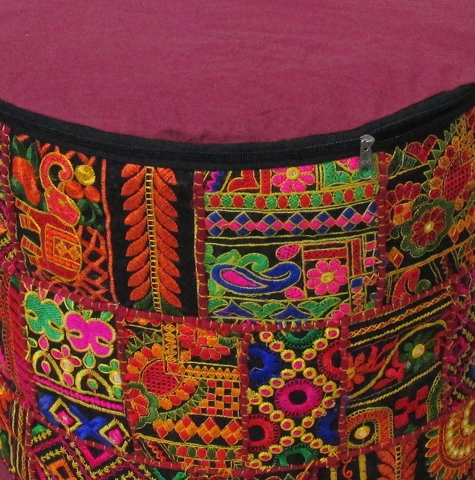 18" Indian Ottoman Pouf Cover Vintage Patchwork Cotton Ethnic Handmade Round - Image 4 of 4