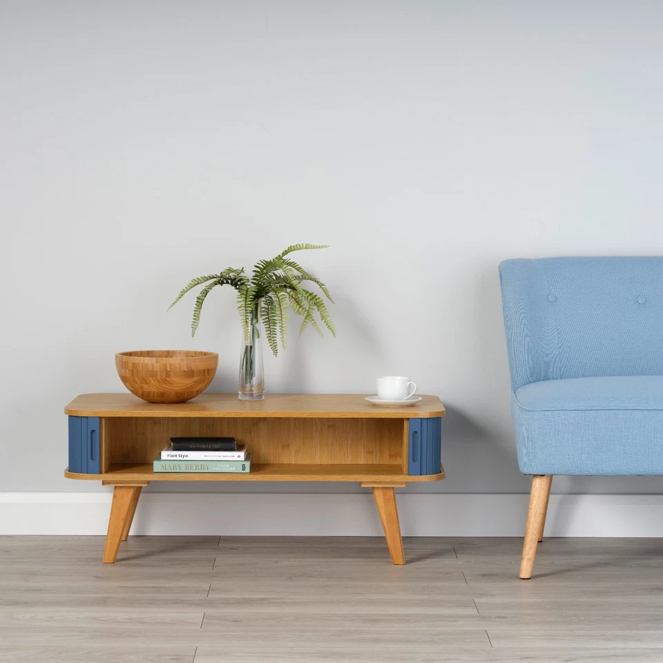 Bamboo Coffee Table with Dark Blue Sliding Doors 400mm H x 1000mm W x 500mm D - Image 3 of 3