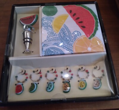 Watermelon 6 ct Wine Glass Markers Napkins Wine Stopper NIB