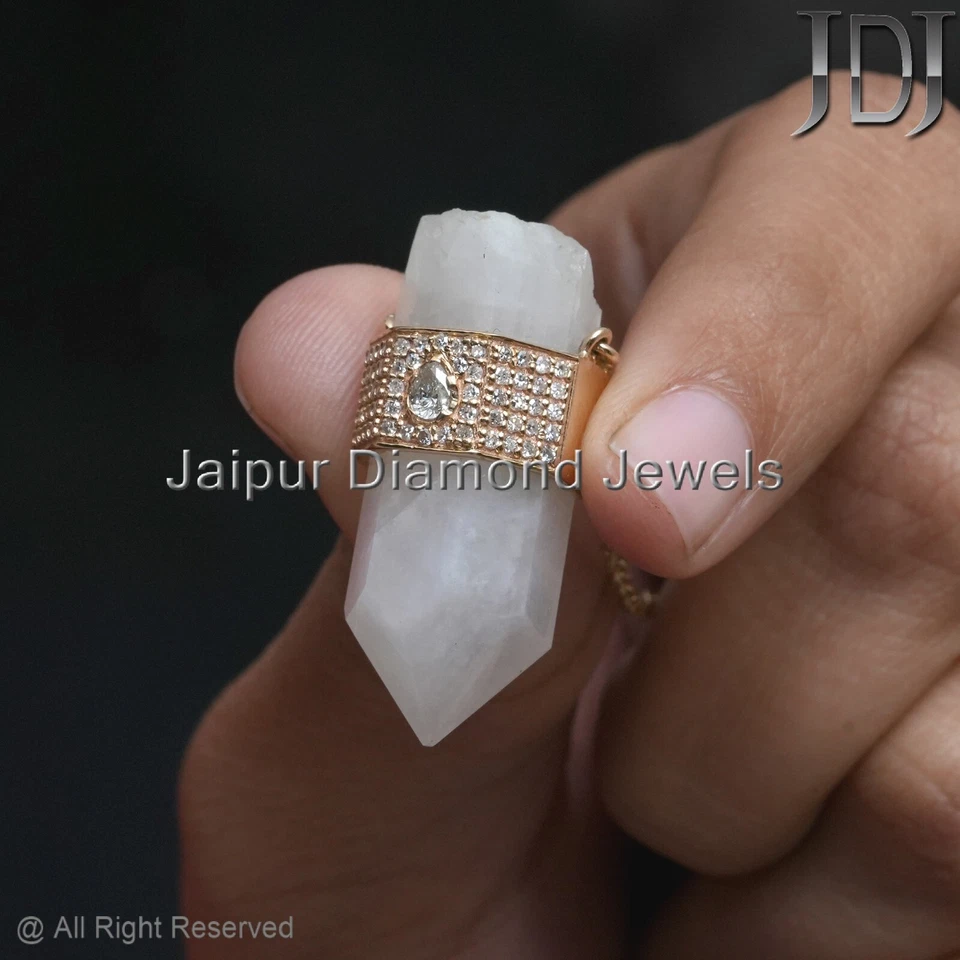 14K Yellow Gold Natural Diamond Moonstone Gemstone Pendant Chain Necklace - Image 4 of 4