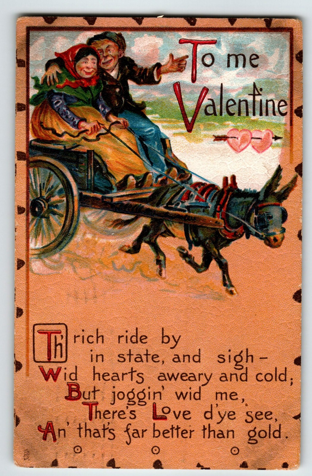 Valentines Day Postcard Tuck Series 4 Man Women Donkey Buggy Cart Vintage 1910