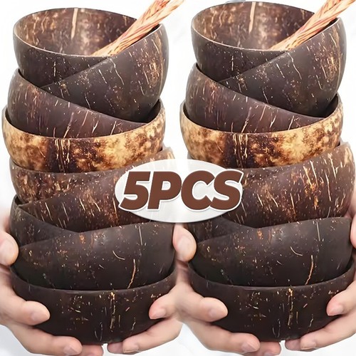 Set of 5 Natural Coconut Bowls Wooden Tableware for Vegan Reusable Buddha