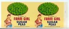 FARM GIRL SUGAR PEAS Can Label 1940's New Bedford Massachusetts