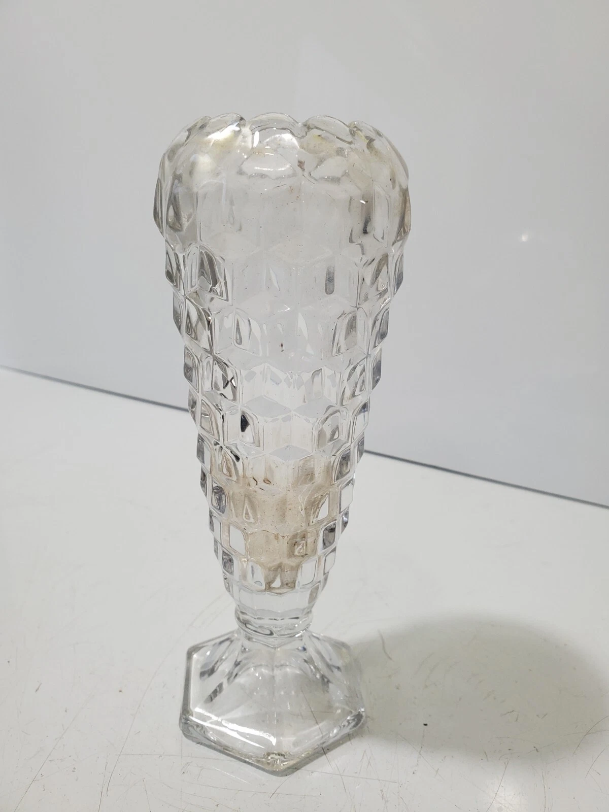 Vtg Fostoria American Bud Vase Hex Base  Scalloped Cupped Top 6 1 4"