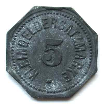 Small money replacement stamp of the city of Regensburg 5 Pfennig without year.