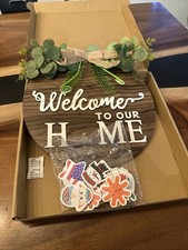 Interchangeable Seasonal Welcome Sign Front Door Decoration, Rustic Round Wood