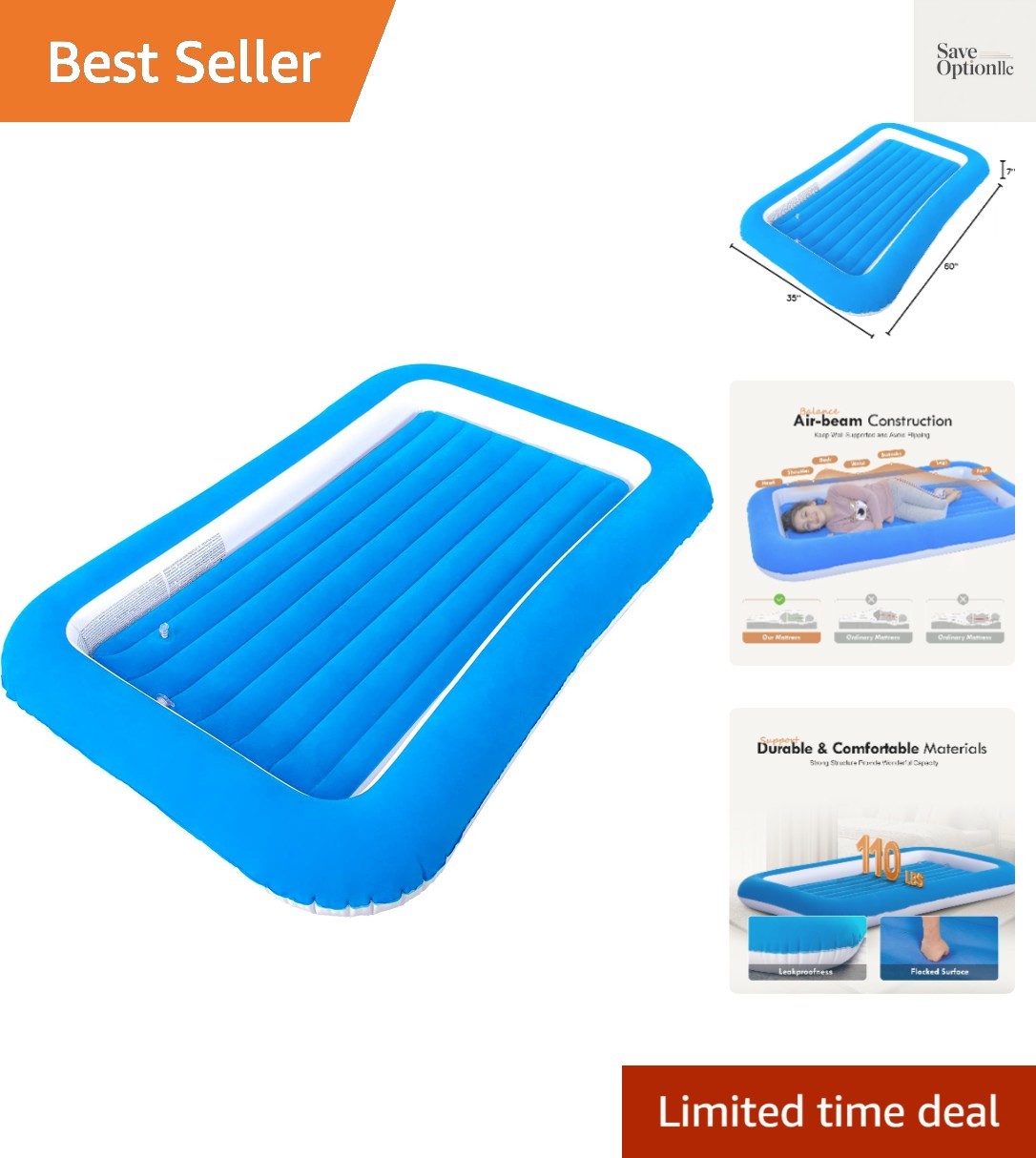 Kids Air Mattress Inflatable Toddler Travel Bed with Sides,Blue