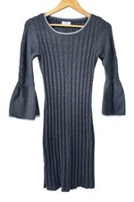 Calvin Klein Cable Knit Sweater Dress Bell Sleeve Black Gold Trim Medium Holiday