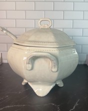 Vintage Peasant Village Italy Soup Tureen w/Lid & Ladle Pearl Luster Pottery PV