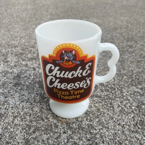 VTG 1980s Chuck E Cheese Milk Glass Pedestal Coffee Mug Retro Pizza Time Theatre