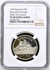 1993 Bermuda $2 Dollars Bermuda Coinage 200th Anniversary Silver Coin NGC PF68UC
