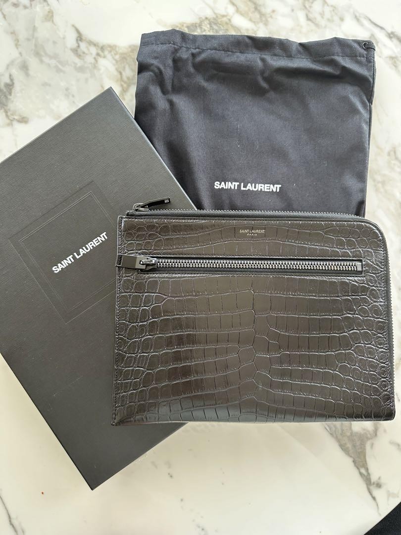 Autentica pochette borsa Saint Laurent nera in ecopelle di coccodrillo goffrata con cerniera