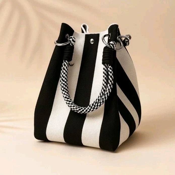 Striped Black & White Drawstring Bucket Bag Hunting Season Extra Large Drawstring Leather-Trimmed  main image 4