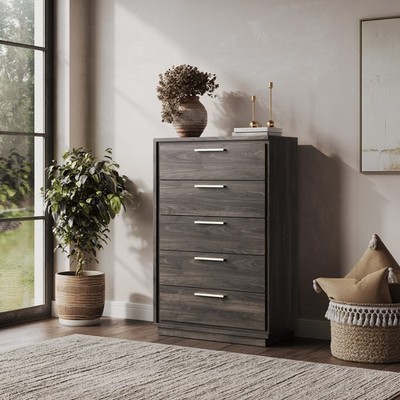 5 Drawer Dresser, Wood Storage Chest with Rose Gold Handles, Brown