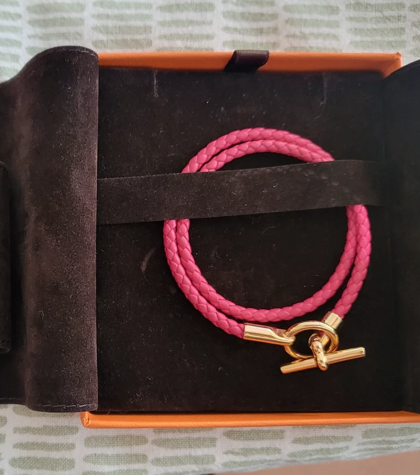 Auténtico Brazalete Hermès Glenan Doble Tour Rosa Caliente Trenzado Piel de becerro Oro Rosa Foto 3 de 3