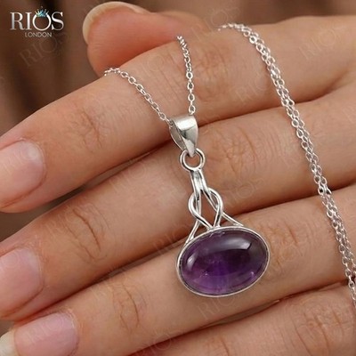 Sterling Silber natürlicher Amethyst keltischer Knoten oval Anhänger Halskette Geschenk verpackt