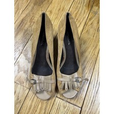 Aeropostale Tan Suede Heels Peep Toe Kitten Heel Fringe Buckle Accent Shoes 6