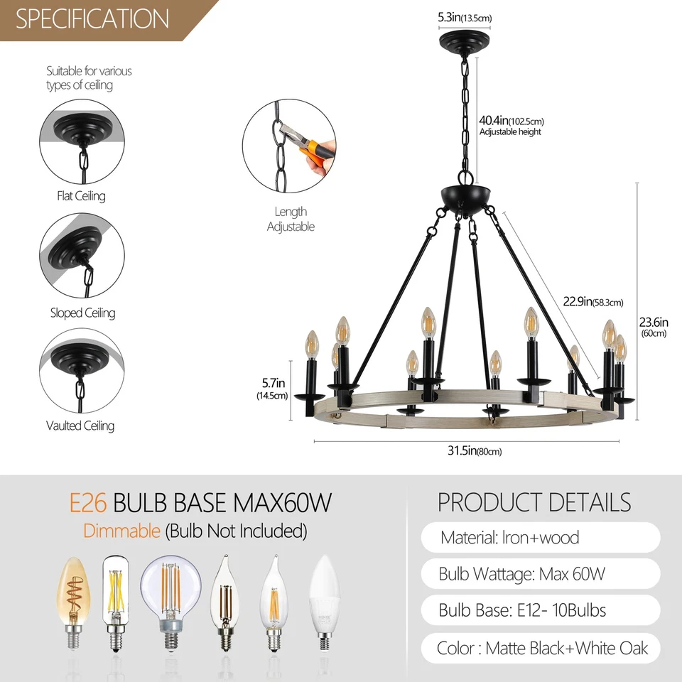 32" 10 Lights Candle Pendant Light Modern Chandelier Wood Round Hanging Fixture - Image 2 of 4