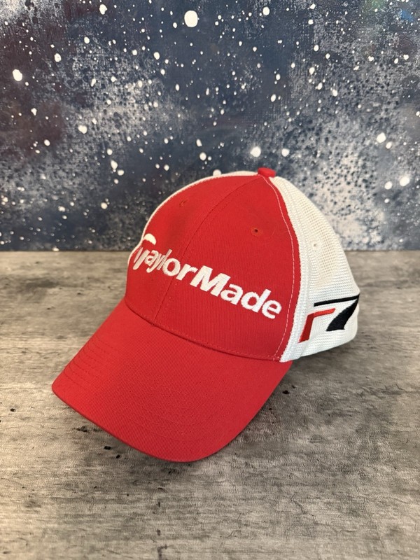 TaylorMade Men’s Strap Back Golf Hat Color White And Red R7 Trucker Hat Y2K