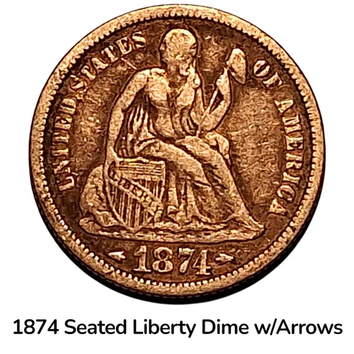 1874 Seated Liberty Dime w/ Arrows VF Silver 10C Philadelphia #918