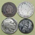 Lot of 4 Old Coins – 1 Indian Head Penny, 1 Lib V 5c, 1 Buffalo 5c & 1 Linc 1c