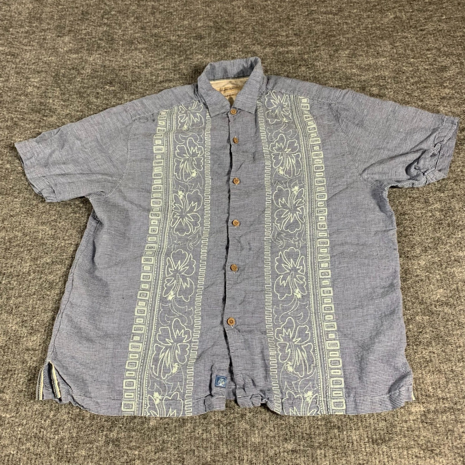Tommy Bahama Shirt Mens XL Blue Linen Floral Embroidered Short Sleeve Camp Cool
