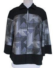 Chico's Travelers Women's Black  Silver Zig Zag Jacket Size 2 / L 3/4 Sleeve