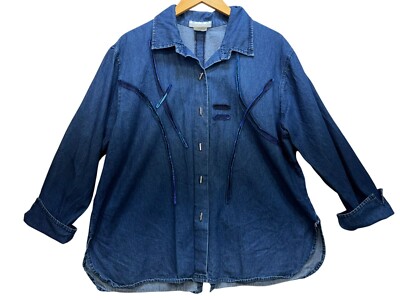 Vintage Nino Wong Womens Denim Shirt Jacket Size L Blue Button Up Chore Shirt