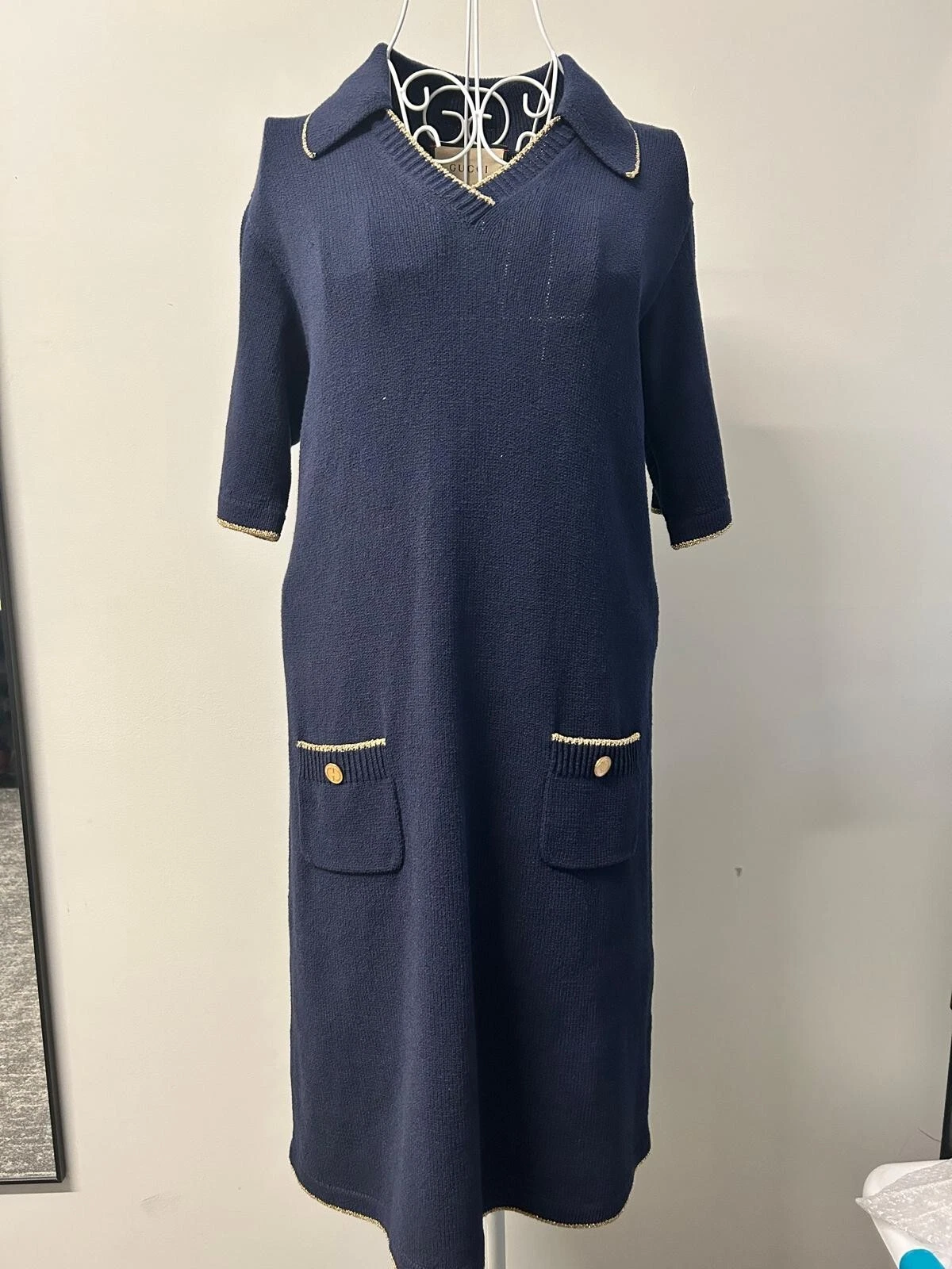 women's Gucci knit midi dress with gold trim