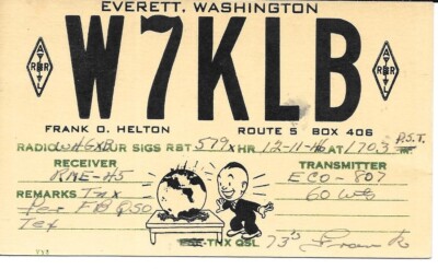 QSL 1946  Everett WA   radio card
