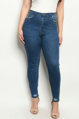 Womens Plus Size High Waisted Distressed Denim Jeans 2X Ripped Hem Detail 