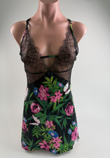 Victoria's Secret Satin Rose Lace Mini Slip  Black w/Tropical Flower XL NWT
