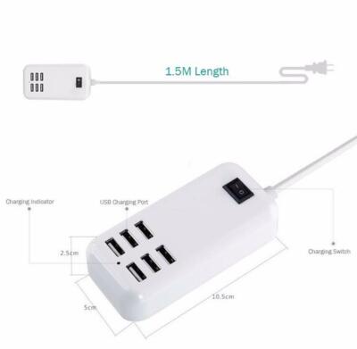 4 FOOT (1.5M) WALL PLUG EXTENSION CORD 6 USB PORT HUB 5V-4A 4 SLOT CHARGER CABLE