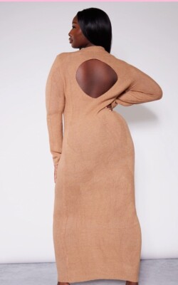 Plus Size Camel Soft Sweater Mock Neck Back Out Long Sleeve Dress