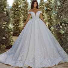 Glitter Princess Wedding Dress Off Shoulder Appliques Backless Bridal Ball Gown