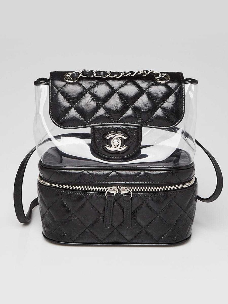 Chanel Black Quilted Crumpled Leather and Transparent PVC Vanity Flap Backpac...