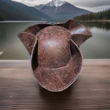 Faux Leather Pirate Hat Brown Distressed Leather Colonial Style Tricorner.