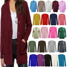 Womens Grandad Cardigan 5 Button Ladies Chunky Cable Knit Long Sleeves UK 8-22