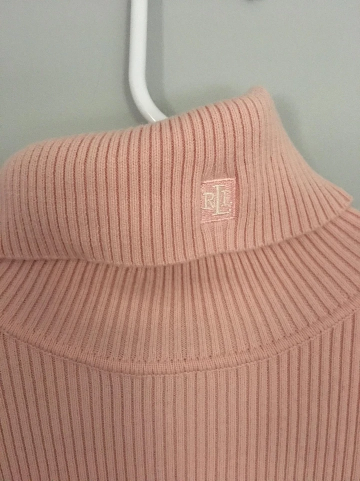 Ralph Lauren 毛衣女式 M 粉色罗纹高领长袖针织棉二手状况完好 — 第 3/4 张图片
