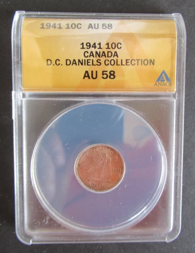 1941 SILVER 10 CENTS ANACS GRADED AU58 CANADIAN DIME
