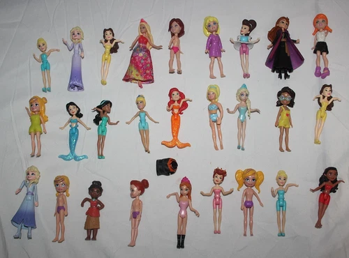 DISNEY Princess Mini Doll Lot of 27 Figures Elsa Anna Ariel Moana + Polly Pocket