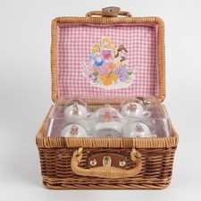 Disney Princess Vtg Tea Party Set Wicker Basket Porcelain Toy Dishes 1990s 90s