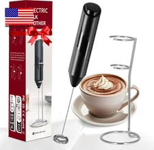 Electric Milk Frother Handheld with Stainless Steel Stand Battery Operated Whisk