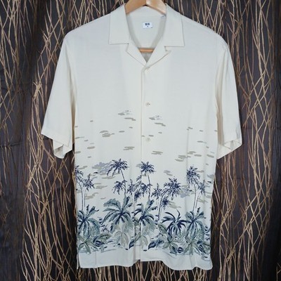 Uniqlo Open Loop Collar Rayon Button Up Shirt Mens XS Beige Palms Tropical