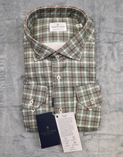 New EMANUEL BERG Modern Jersey Knit Shirt Men's L/XL 17 EU 43 Green Brown CHECK