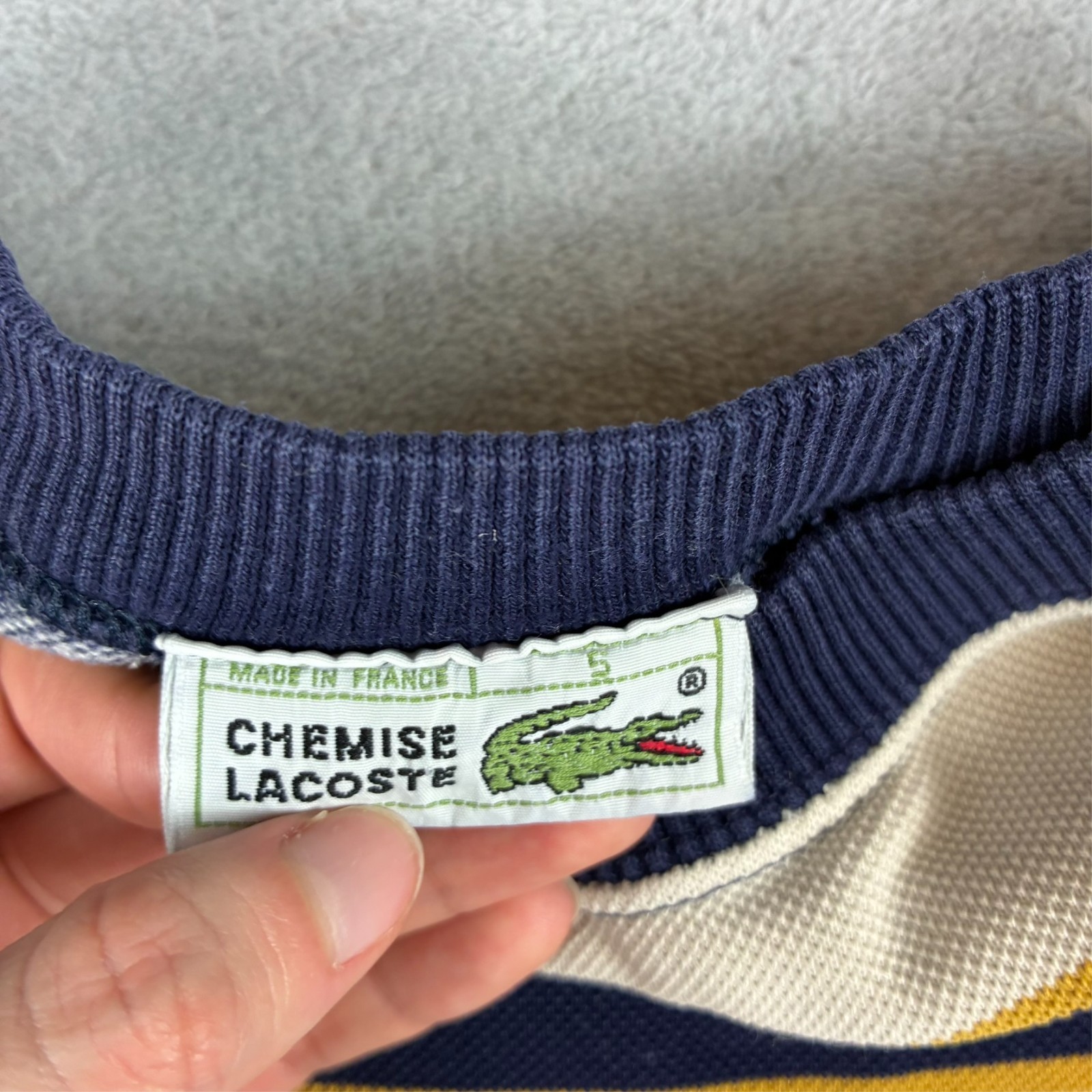 Vintage Lacoste Chemise 90's Navy Cream Stripe Waffle Knit Sz 5/Large Sweatshirt image 5