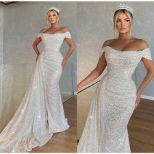 Lusso tubino sirena abiti da sposa paillettes pieghe pizzo abito da sposa spazzata treno
