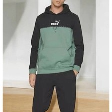 NEW Puma Men's Size L Colorblock Logo Hoodie Sweatshirt Black Green Pullover NWT