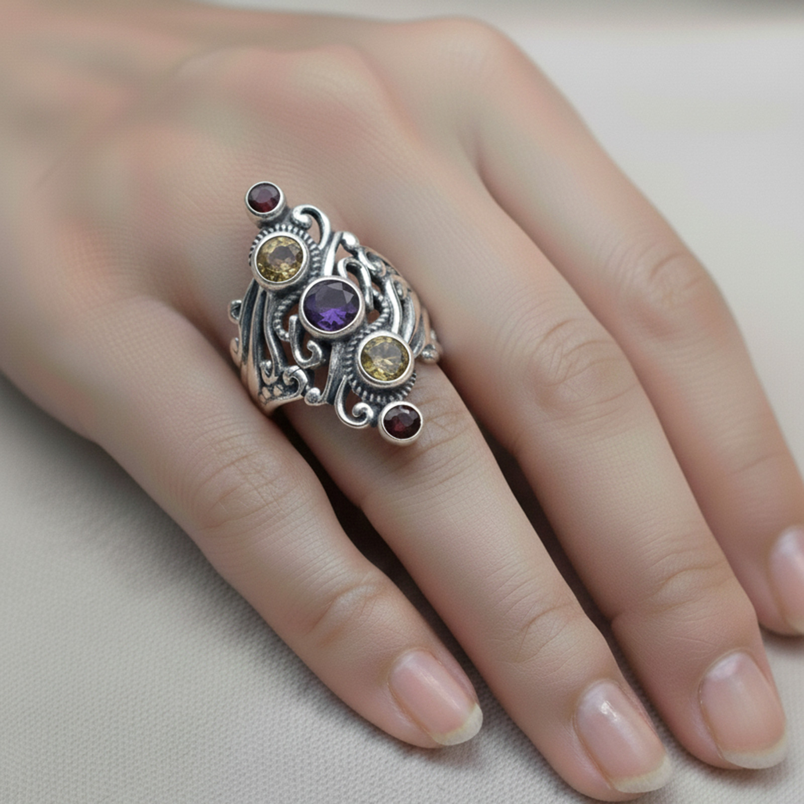 Bague Pierres Naturelles Améthyste Citrine Grenat en Argent - Cadeau Anniversaire Unique